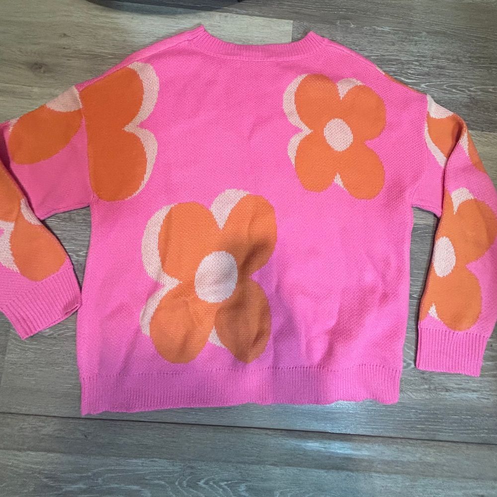 One Eleven North Pink Floral Intarsia Knit Crewneck Sweater‎ Womens Small Orange